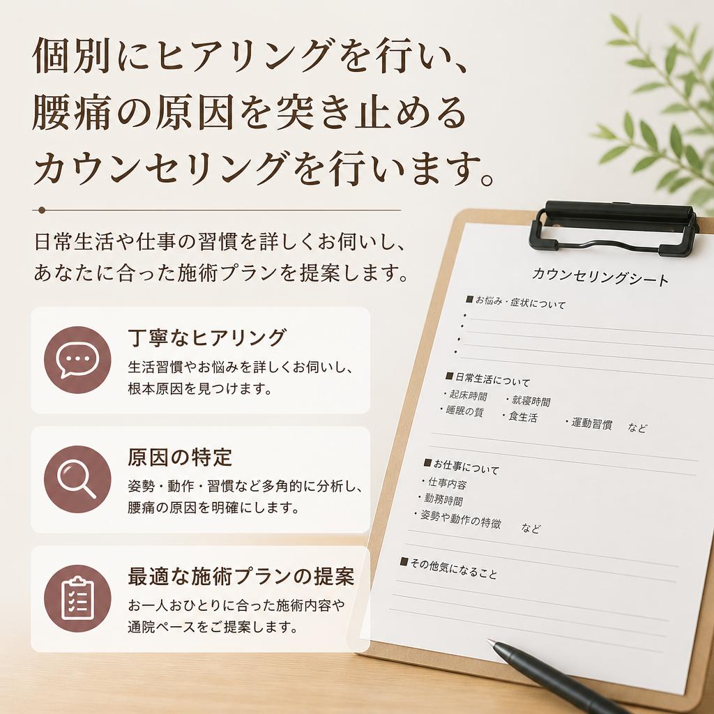 腰痛の原因を見つけるカウンセリング